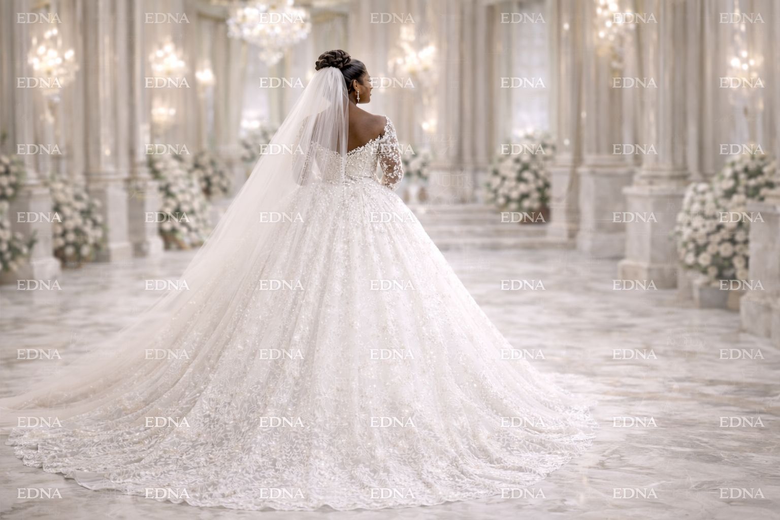 Luxury Long-Sleeve Pearl Wedding Gown
