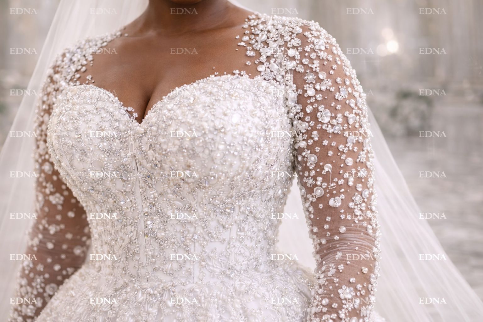 Luxury Long-Sleeve Pearl Wedding Gown