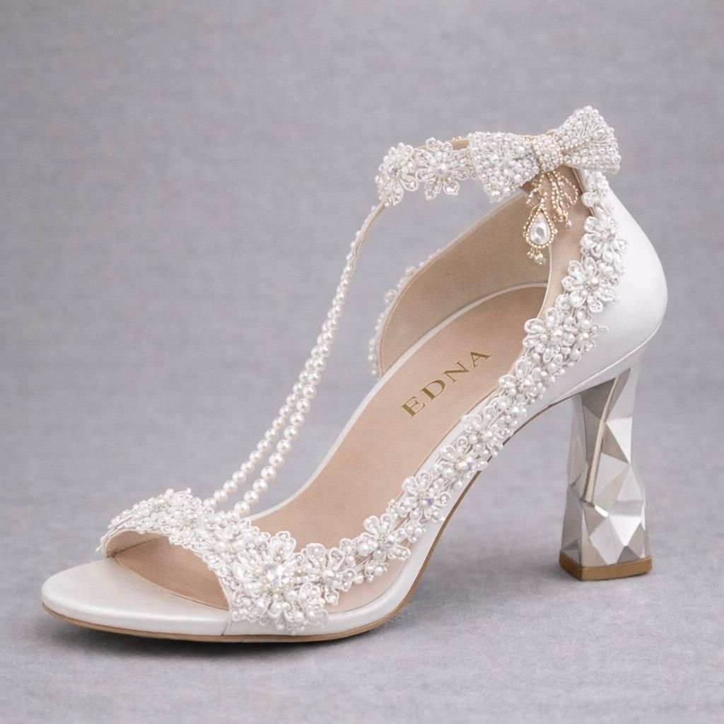 EDNA Pearl Bow Bridal Block Heel
