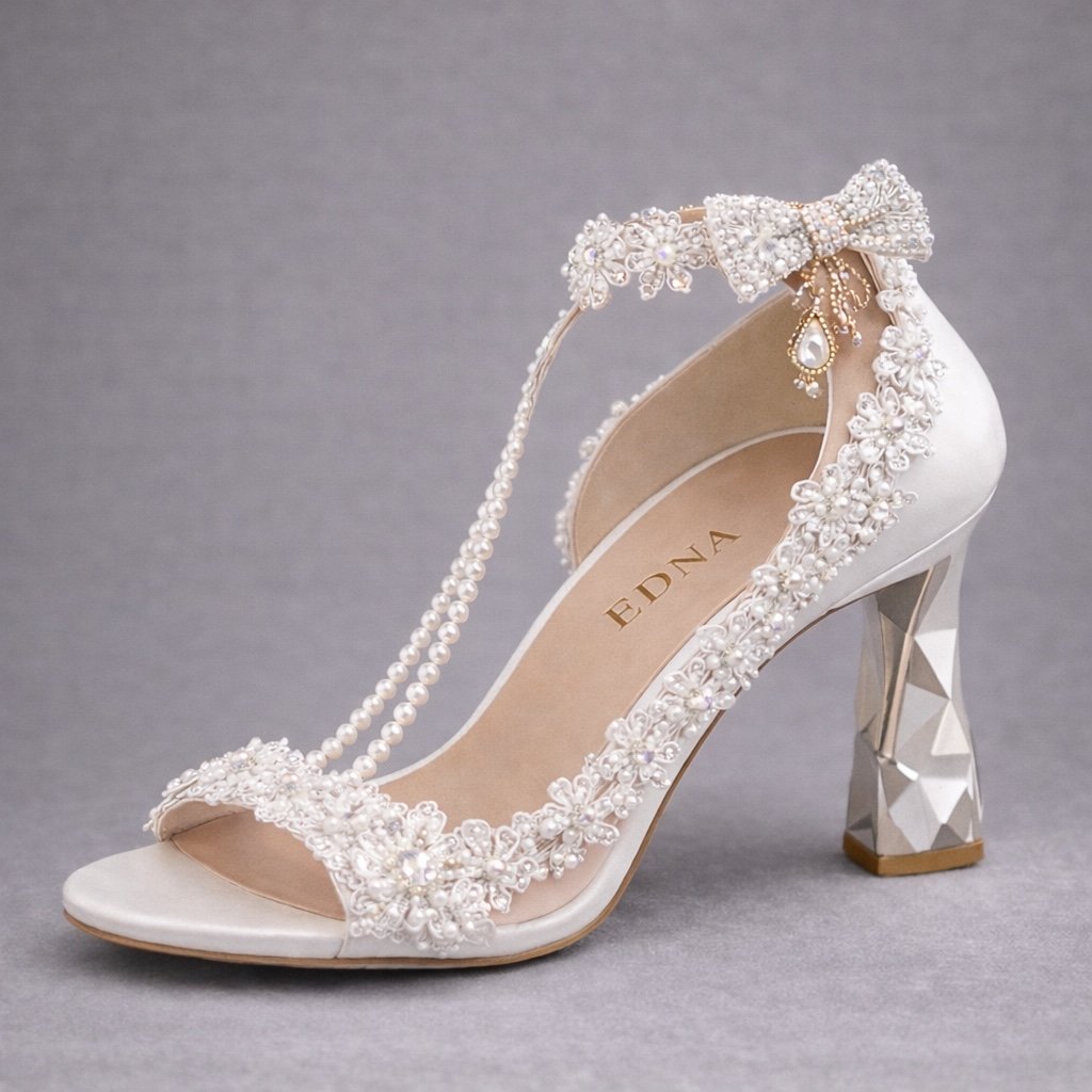 EDNA Pearl Bow Bridal Block Heel
